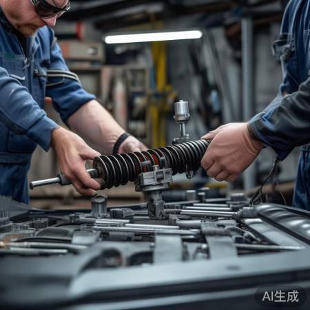 “二人协作，避震器安装”